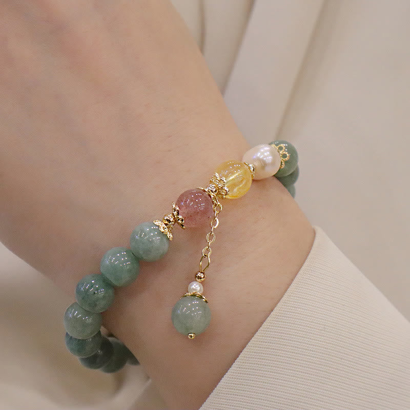 Jade Pearl Strawberry Quartz Abundance Luck Bead Charm Bracelet