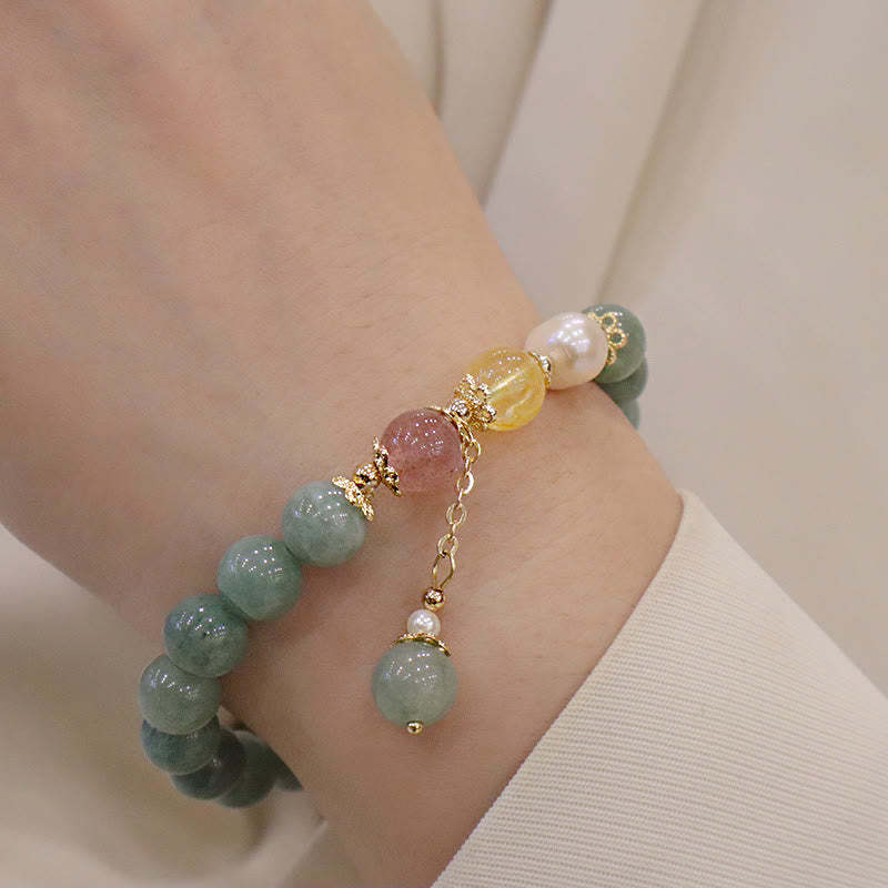Jade Pearl Strawberry Quartz Abundance Luck Bead Charm Bracelet