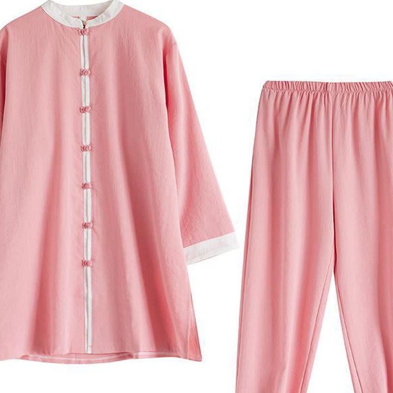 2Pcs Vintage Long Sleeve Shirt Top Pants Meditation Zen Tai Chi Cotton Linen Clothing Women's Set