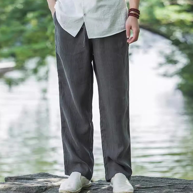 Solid Color Linen Men's Wide Leg Pants With Pockets
