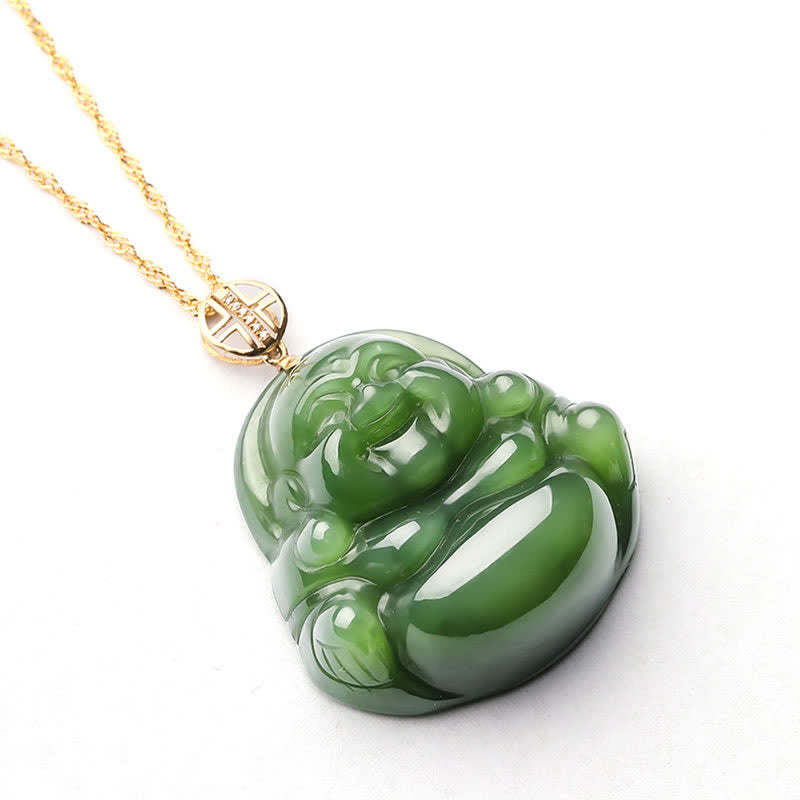 925 Sterling Silver Laughing mystic zen Hetian Cyan Jade 18K Gold Success Necklace Chain Pendant