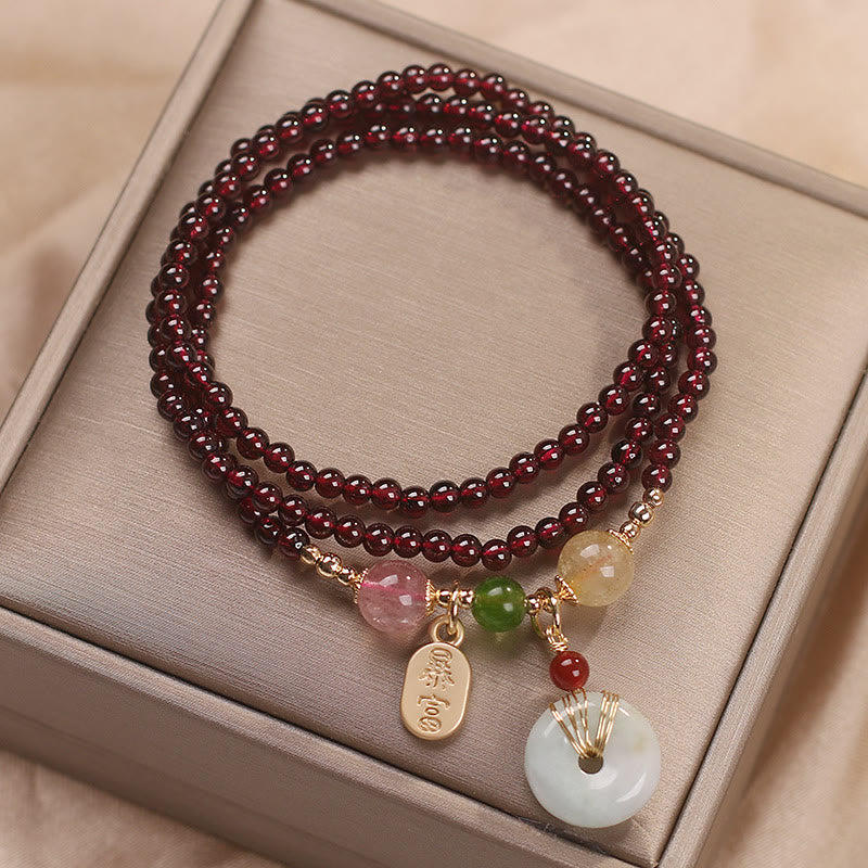 Natural Garnet Strawberry Quartz Crystal Fox Koi Fish Peace Buckle Fortune Protection Triple Wrap Bracelet