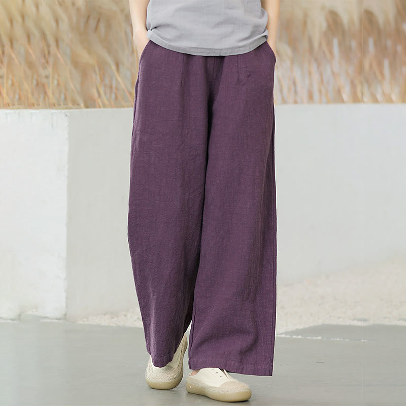 Casual Plain Loose Straight Leg Women's Ramie Cotton Wide Leg Pants With Pockets
