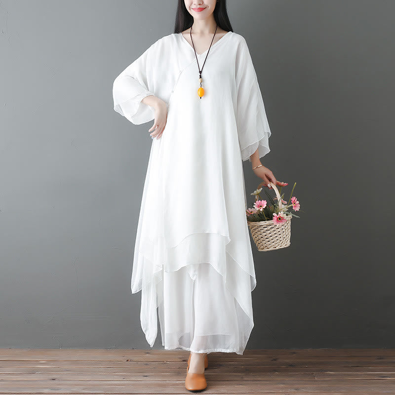 V-Neck Midi Tunic Dress Wide Leg Pants Meditation Zen Practice Dance Clothing