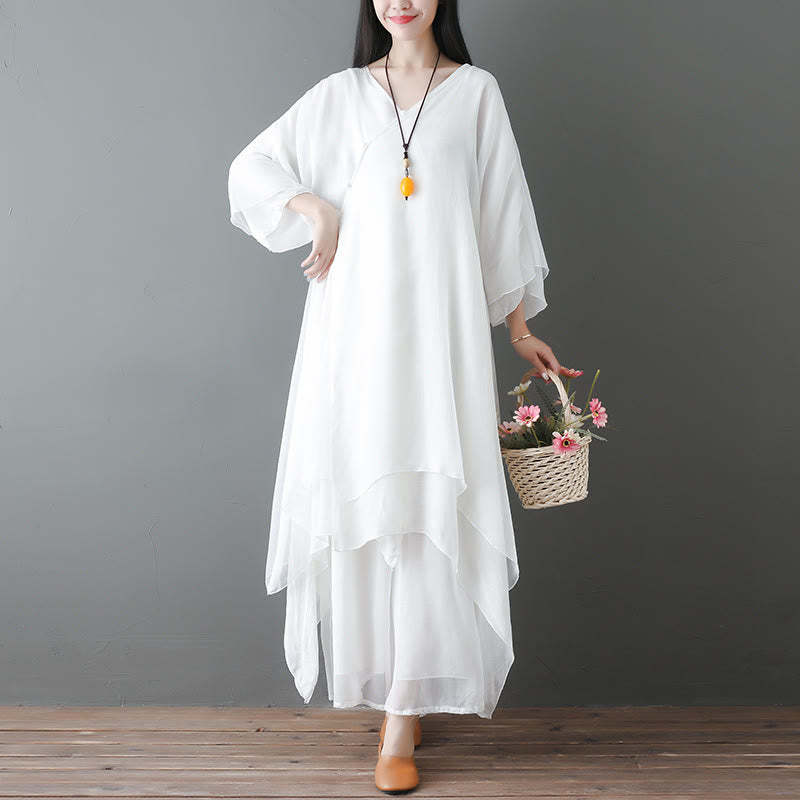 V-Neck Midi Tunic Dress Wide Leg Pants Meditation Zen Practice Dance Clothing