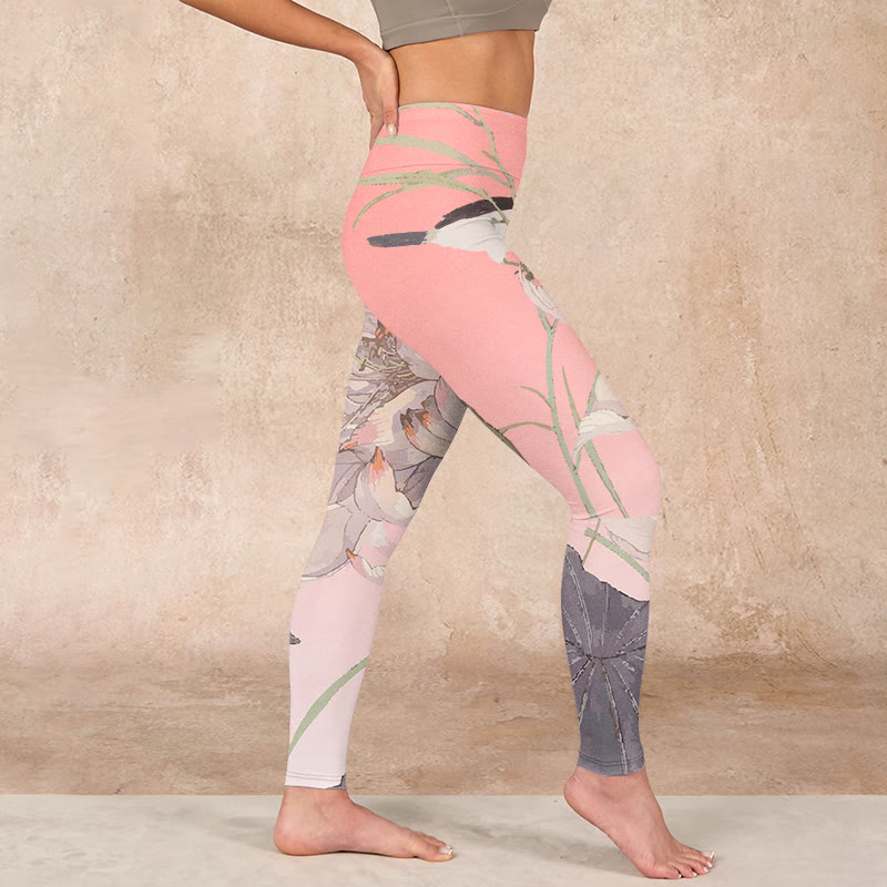 Withered White Lotus Print Gym Leggings Women's Yoga Pants