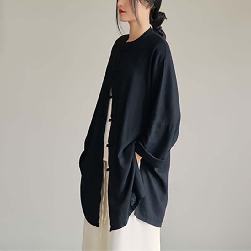 Plain Frog-Button Design Shirt Zen Tai Chi Meditation Top Clothing Cotton Linen Jacket