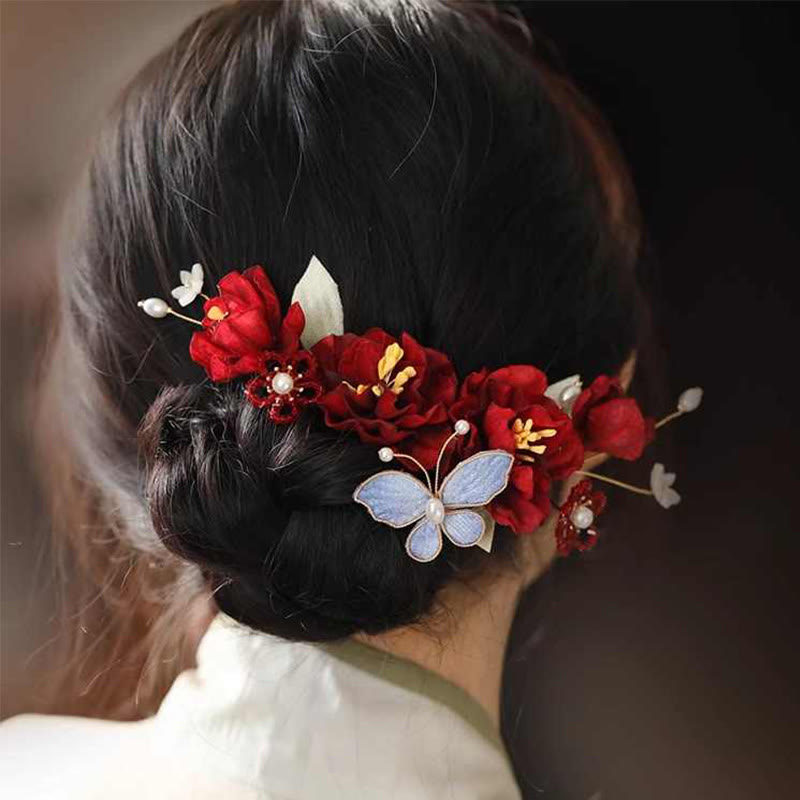 Chinese Wedding Red Flower Butterfly Hair Clip