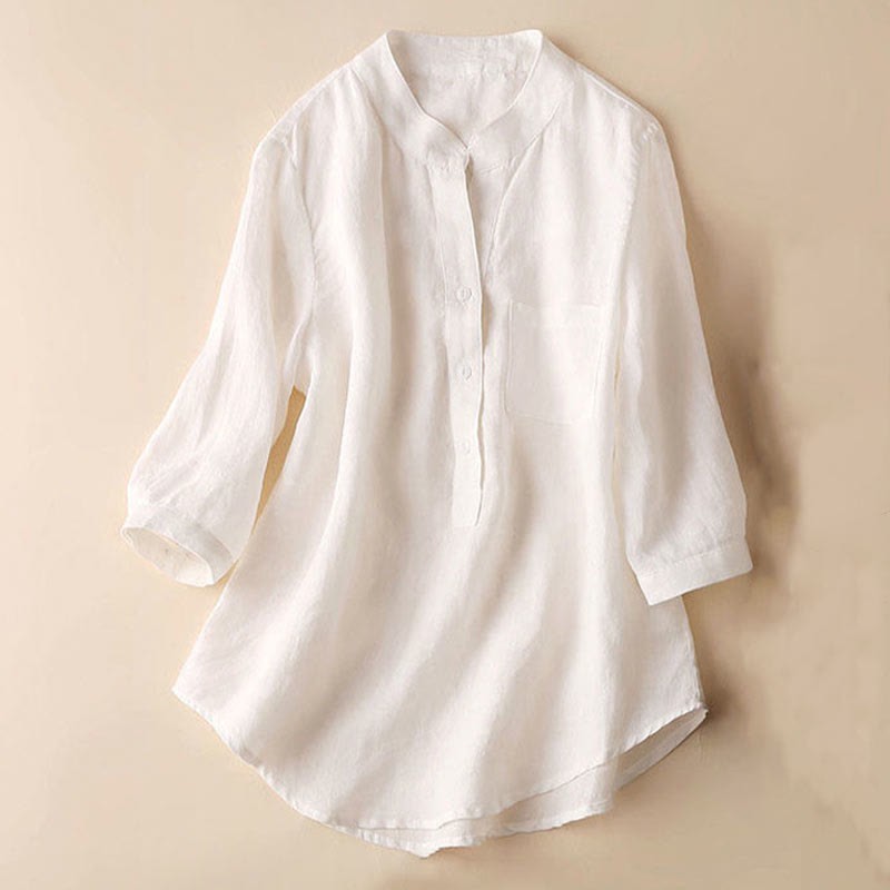Casual Women's V-neck Three Quarter Sleeve Design Plain Cotton Linen Shirt