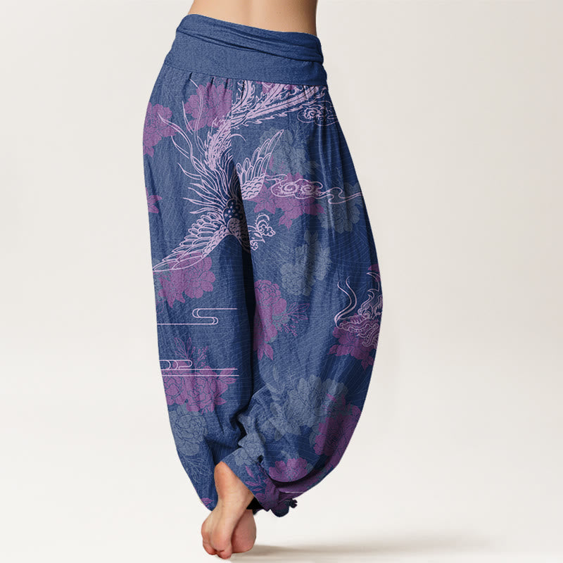 Dragons Roses Auspicious Clouds Phoenix Women's Elastic Waist Harem Pants