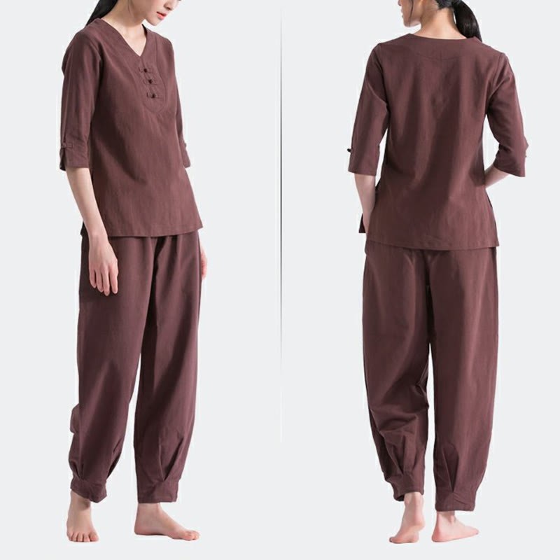 Yoga Meditation Prayer V-neck Design Cotton Linen Clothing Uniform Zen Practice Women's Set