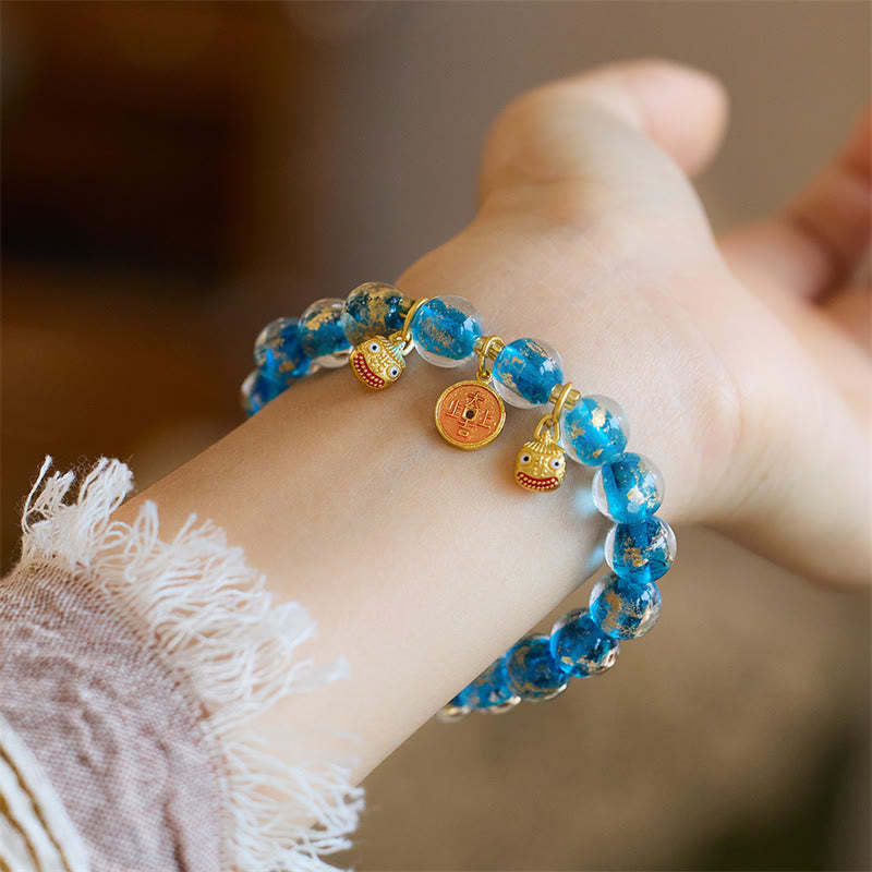 Gold Swallowing Beast Copper Coin Good Luck Charm Liuli Glass Bead Fortune Bracelet