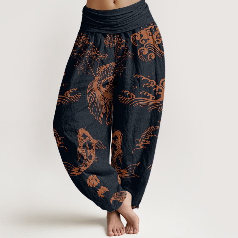 Koi Fish Waves Lotus Flowers Design Women's Elastic Waist Harem Pants