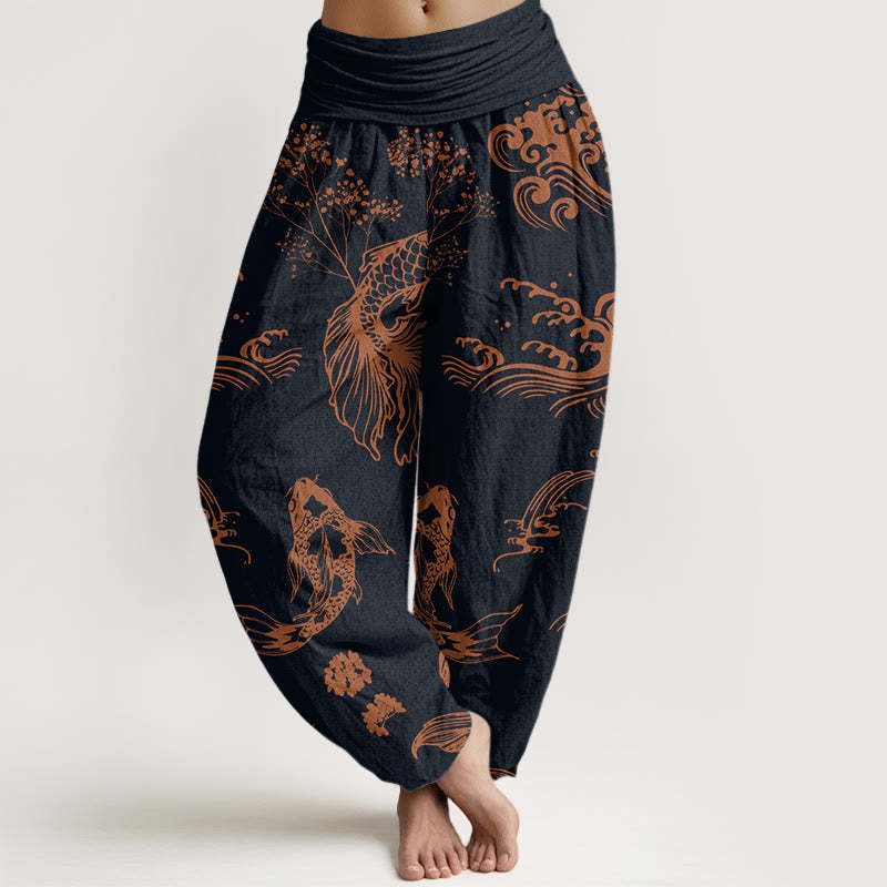 Koi Fish Waves Lotus Flowers Design Women's Elastic Waist Harem Pants
