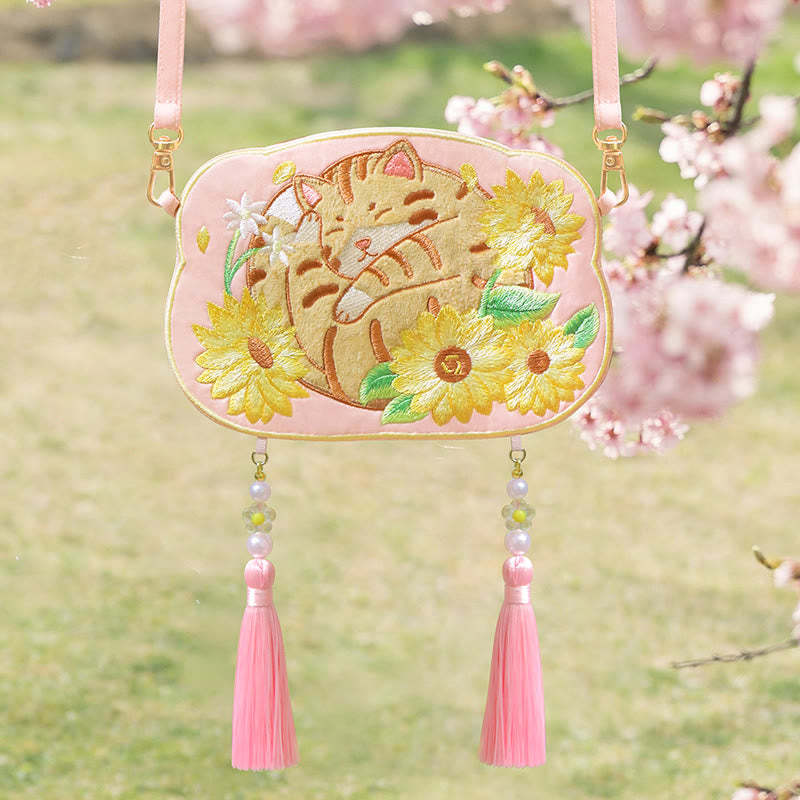 Embroidery Lucky Panda Cat Shiba Inu Deer Rabbit Fox Flower Cute Animal Hanfu Bag Crossbody Bag Shoulder Bag