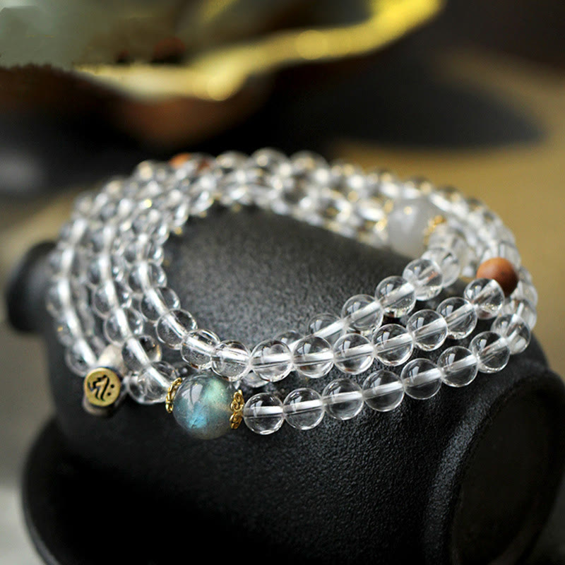 925 Sterling Silver Chinese Zodiac Natal mystic zen White Crystal Meditation Triple Wrap Bracelet