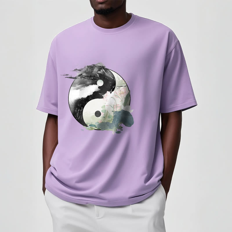 Yin Yang Lotus Leaf Ink Painting Cotton Tee T-shirt