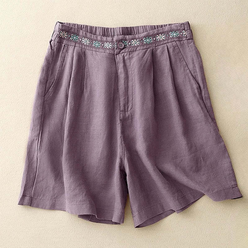 Summer Casual Embroidery Flower Pleated Zipper Button Cotton Linen Women's Shorts With Pockets