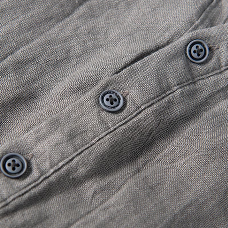 Solid Color Short Sleeve Half Button Shirt Linen Men Clothing