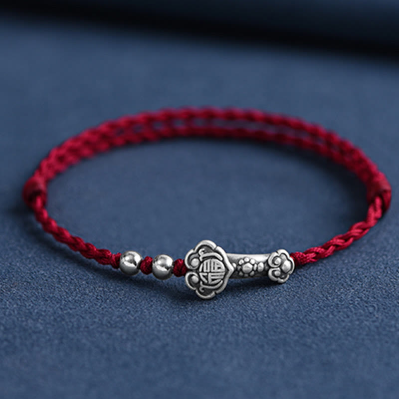 Handmade 999 Sterling Silver Fu Character Wish Ruyi Handle Fortune Rope Bracelet Anklet