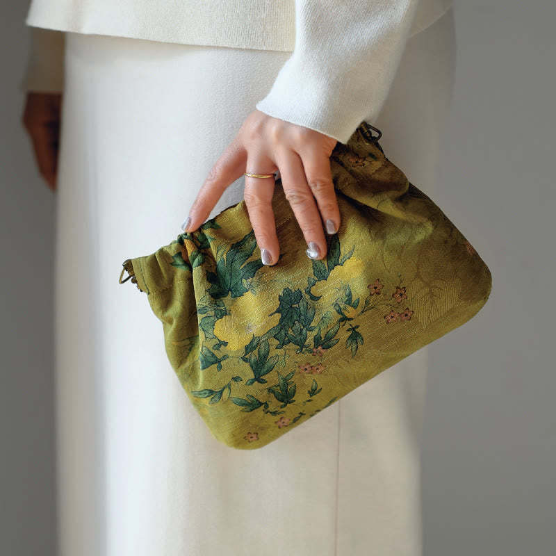 Yellow Green Flower Black Persimmon Metal Chain Crossbody Bag Shoulder Bag Handbag