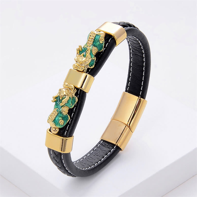 Double PiXiu Wealth Luck Leather Magnetic Buckle Bracelet