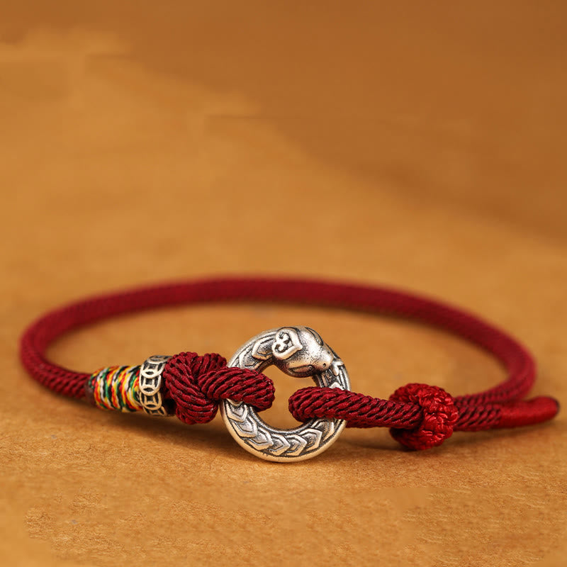 Red String 999 Sterling Silver Peace Buckle Coin Year of the Snake Strength Bracelet
