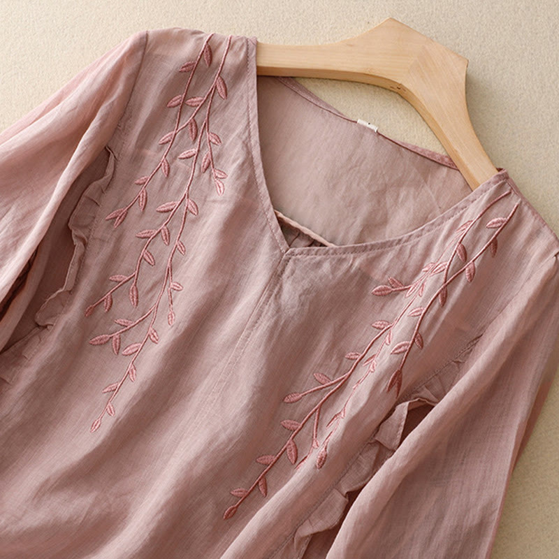 Women's Vines Embroidery Design Half Sleeve Cotton Linen Shirt