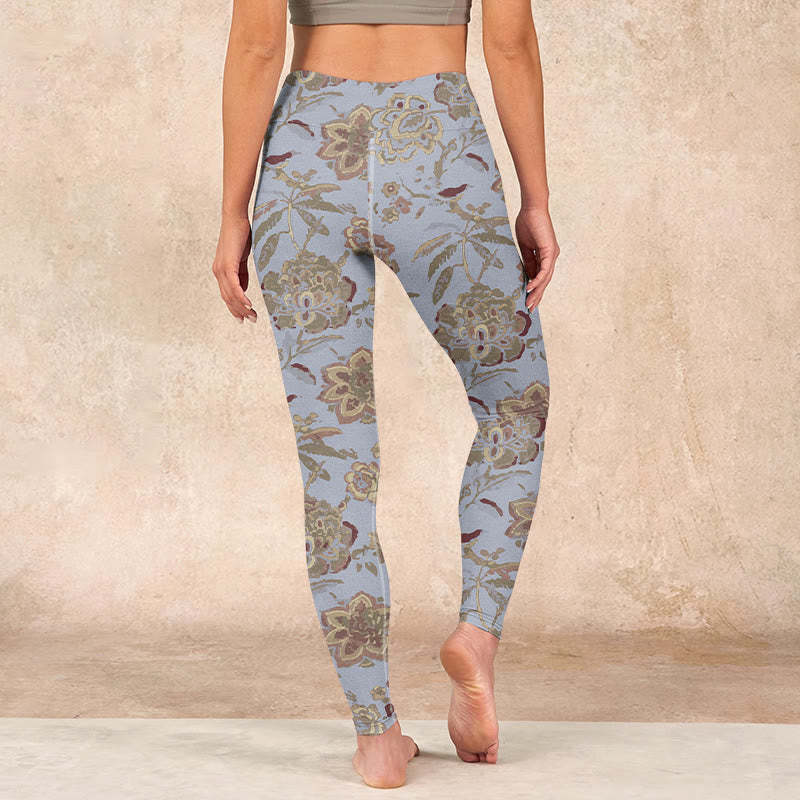 Grey Green Leaves Flowers Print Gym Leggings Women's Yoga Pants