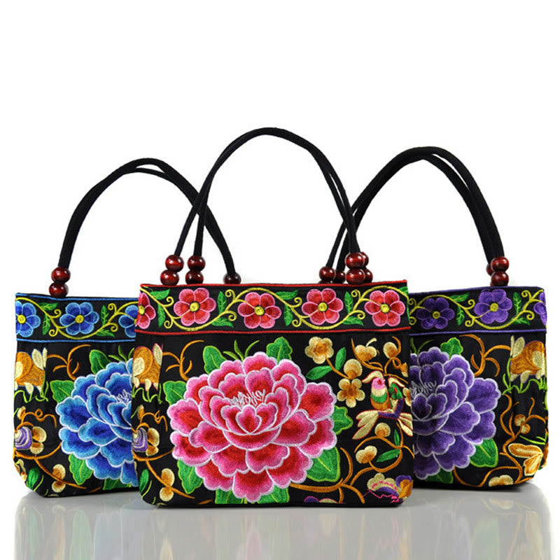 Money Tree Peony Phoenix Apple Blossom Double-Sided Embroidery Cotton Canvas Shopping Purse Handbag