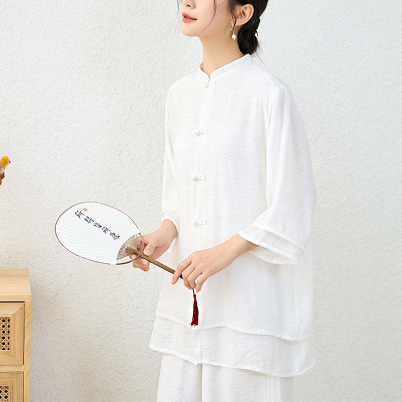 2Pcs Simple Chinese Frog Button Design Top Pants Meditation Yoga Zen Tai Chi Cotton Clothing Women's Set