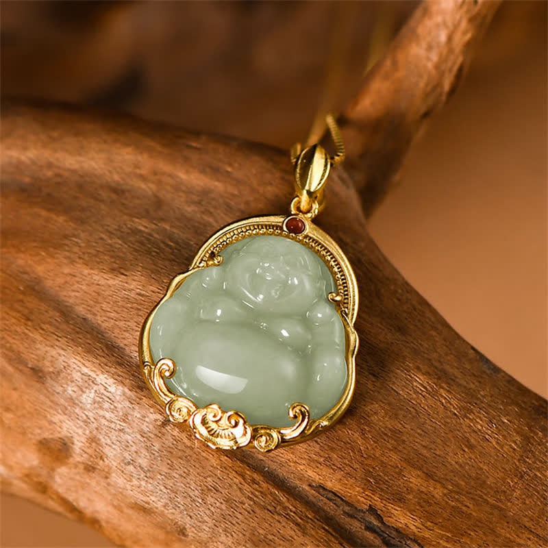 925 Sterling Silver Laughing mystic zen Natural Hetian Jade Luck Prosperity Necklace Pendant