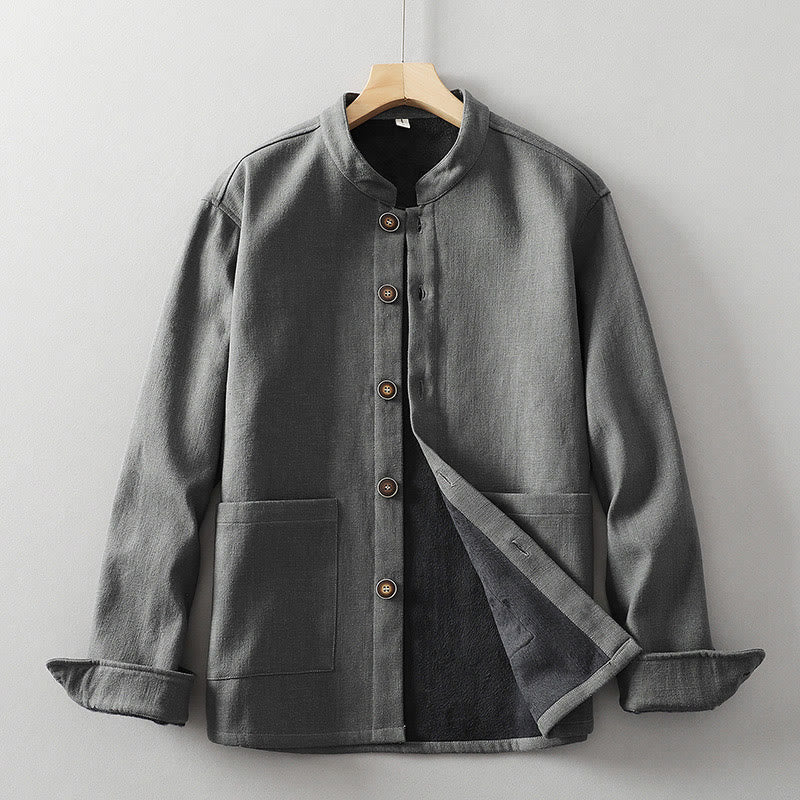 Men's Button Ramie Linen Cotton Fleece Lined Jacket Shirt With Pockets