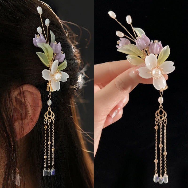 Chinese Ancient Style Flower Pearl Rabbit Tassel Hair Clip