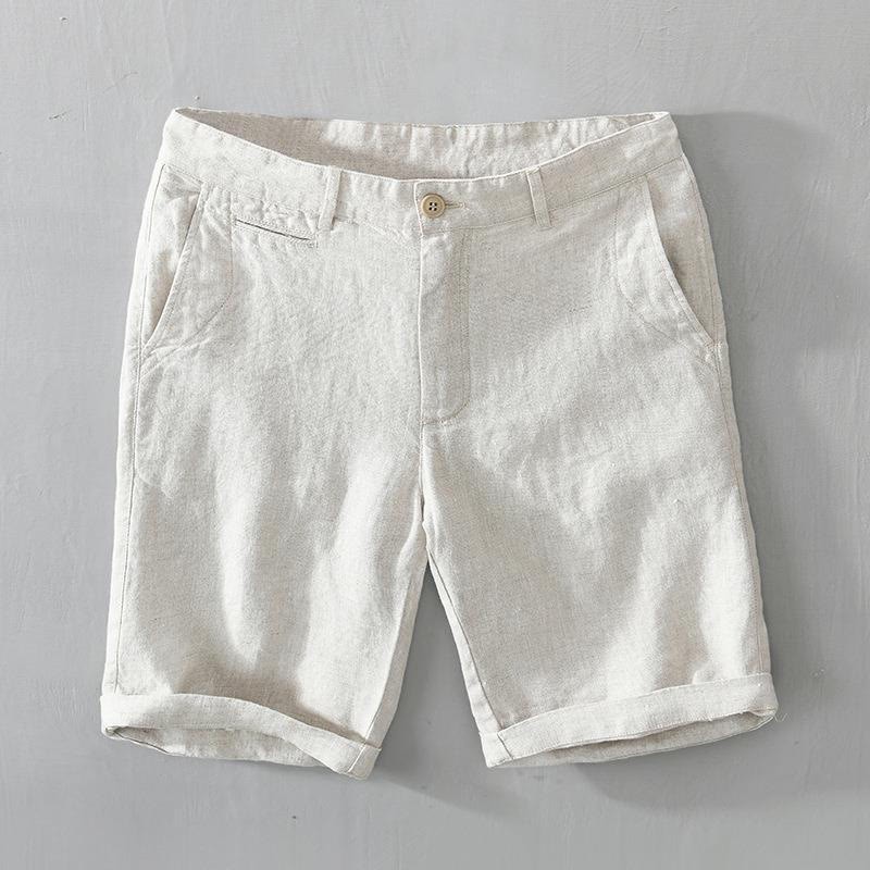 Solid Color Drawstring Cropped Linen Men's Shorts With Pockets
