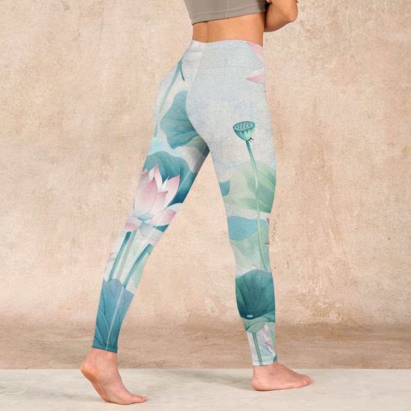 Blooming  White Pink Lotus Leaves Print Gym Leggings Women's Yoga Pants