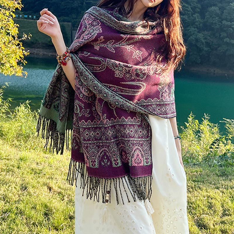Vintage Tibetan Leaves Pattern Design Shawl Cozy Travel Scarf Wrap
