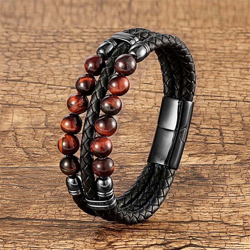 Tiger Eye Hematite Lava Rock Black Onyx Lazurite Beads Protection Strength Leather Bracelet