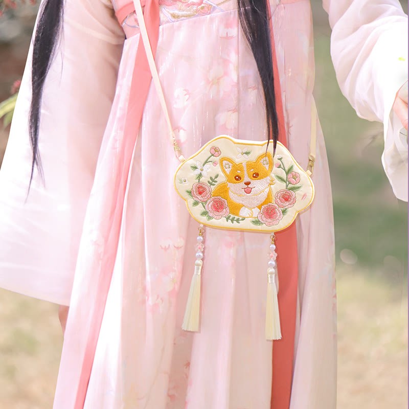 Embroidery Lucky Panda Cat Shiba Inu Deer Rabbit Fox Flower Cute Animal Hanfu Bag Crossbody Bag Shoulder Bag