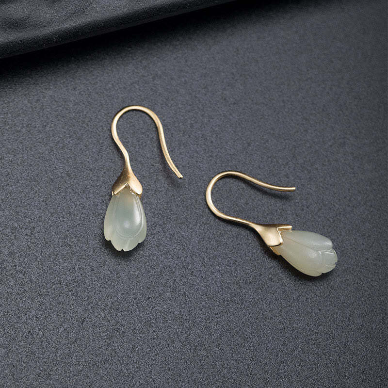 925 Sterling Silver Hetian Jade Magnolia Abundance Drop Earrings