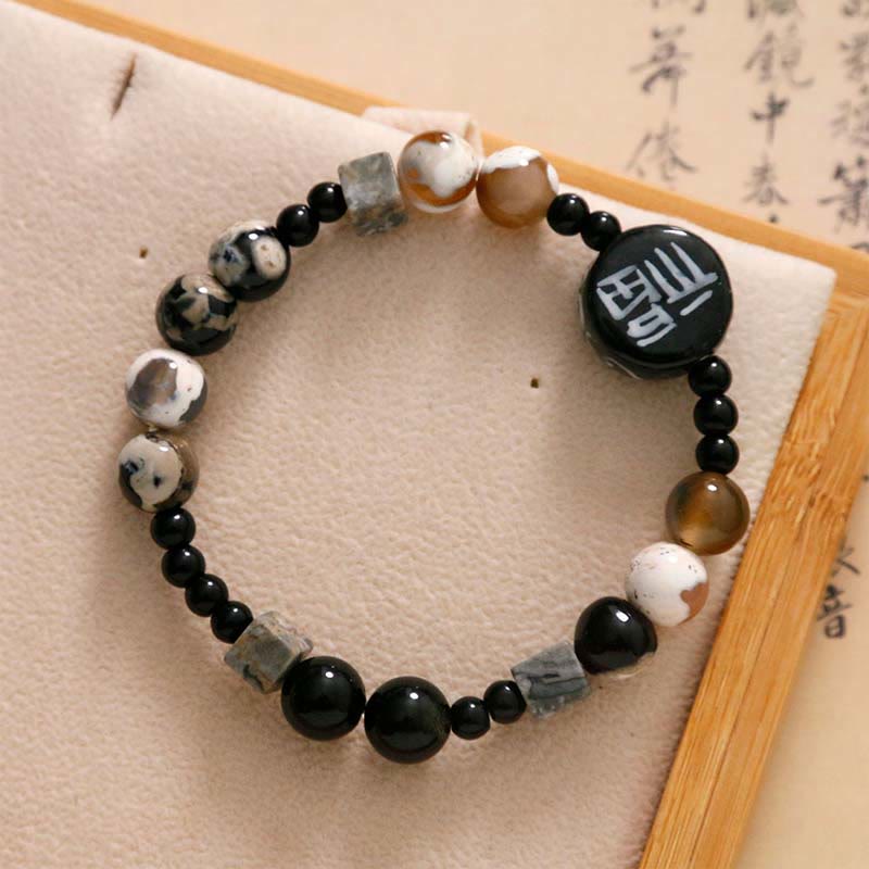 Black Onyx Ceramics Agate Black Glitter Stone Fortune Fu Character Bracelet
