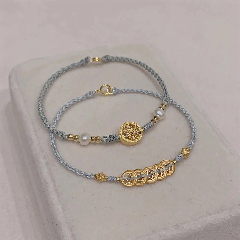 Copper Coin Fortune Tree Pearl Luck Blue Rope Braided Bracelet
