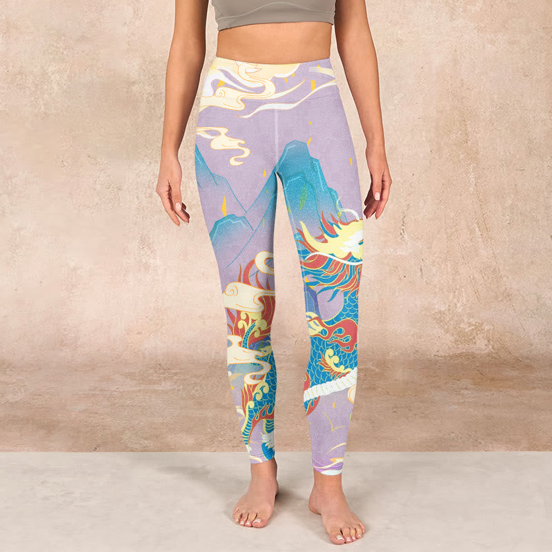 Purple Dragon Auspicious Clouds Print Gym Leggings Women's Yoga Pants