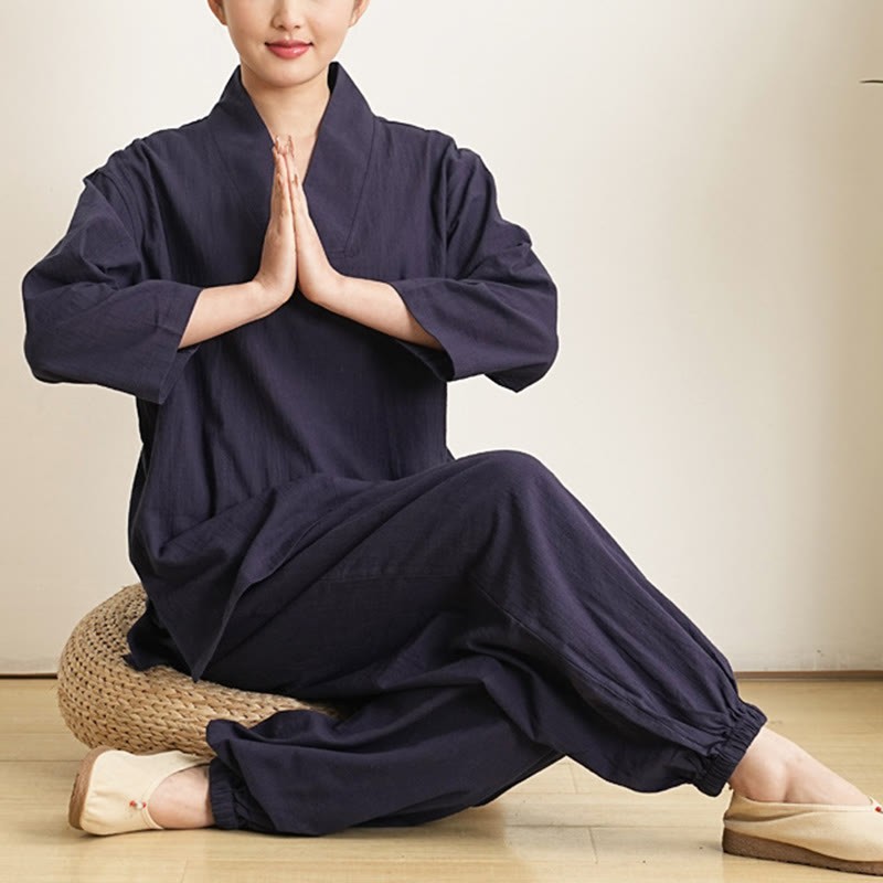 2Pcs V-Neck Three Quarter Sleeve Shirt Top Pants Meditation Zen Tai Chi Cotton Linen Clothing Women's Set