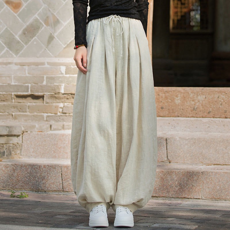 Casual Plain Loose Waist Tie Rope Women's Ramie Cotton Pants With Pockets