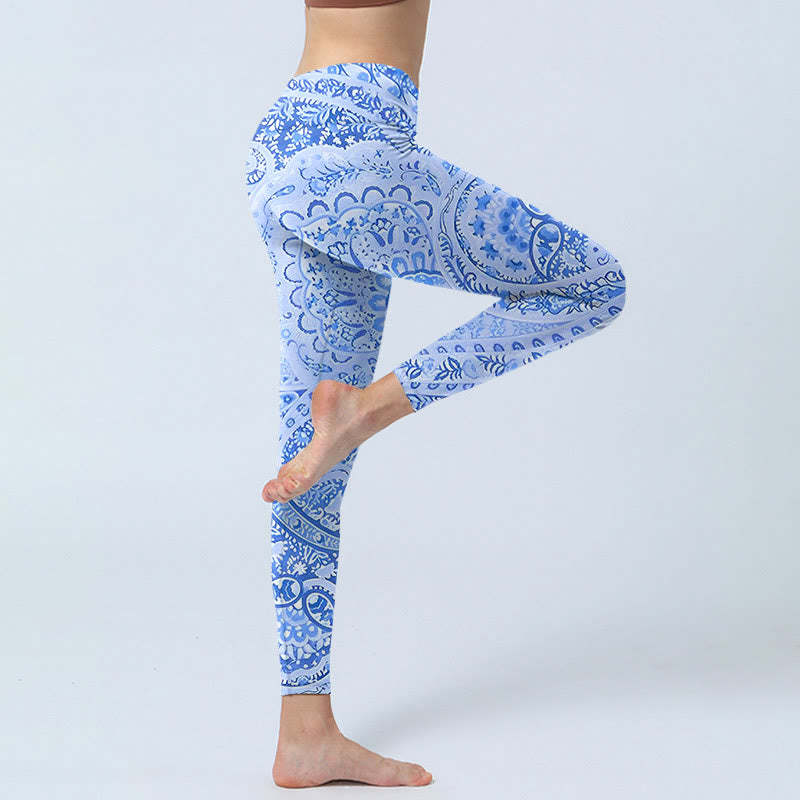 Persian Style RoyalBlue White Flowers Pattern Print Exercise Leggings Women's Yoga Pants