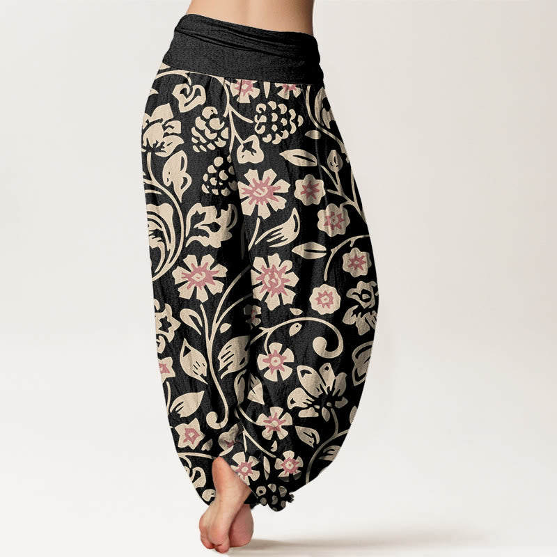 Casual Beige Pink Flowers Grapes Design Women's Elastic Waist Harem Pants