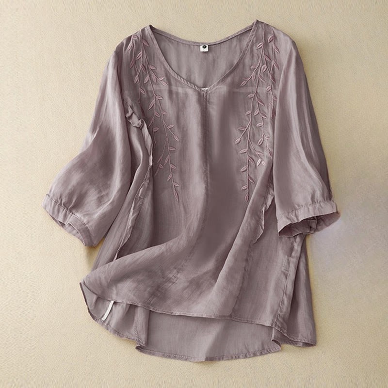 Casual Plain Embroidery Willow Leaf Half Sleeve V-neck Women's Shirt