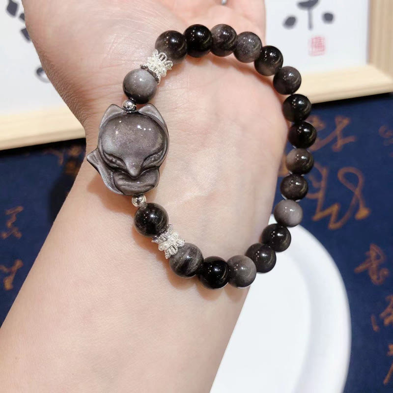 Natural Silver Sheen Obsidian Nine-Tailed Fox Communication Bracelet