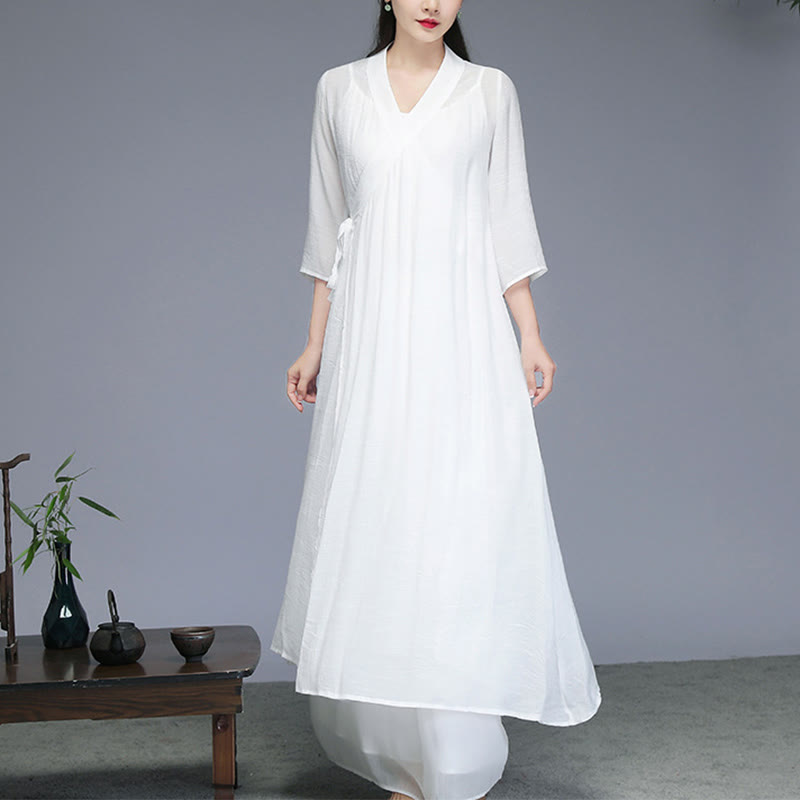 Hanfu Style Midi Dress Wide Leg Pants Meditation Zen Practice Yoga Dance Clothing